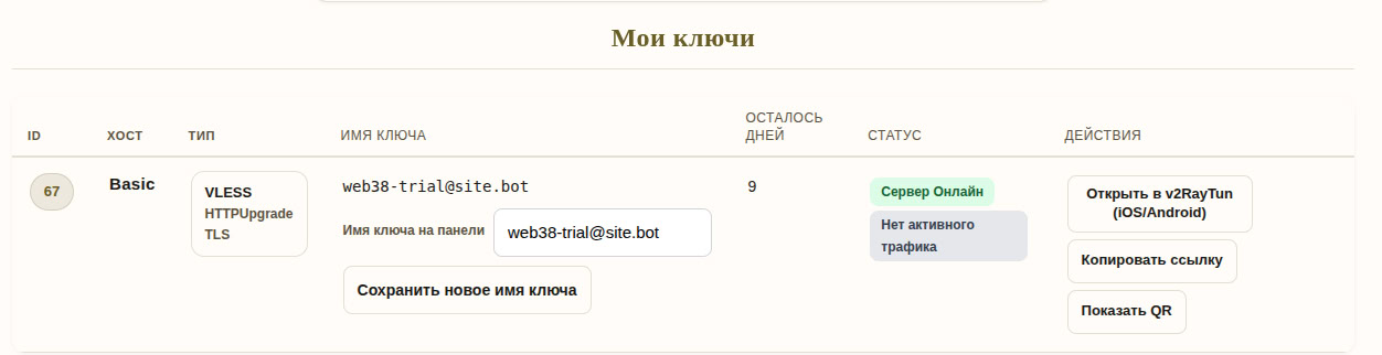 Раздел Мои ключи в личном кабинете